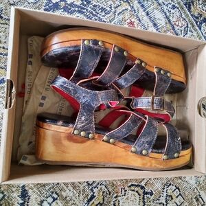 Bed Stu Distressed Black Leather Platform Wedges with Wood-Look Sole